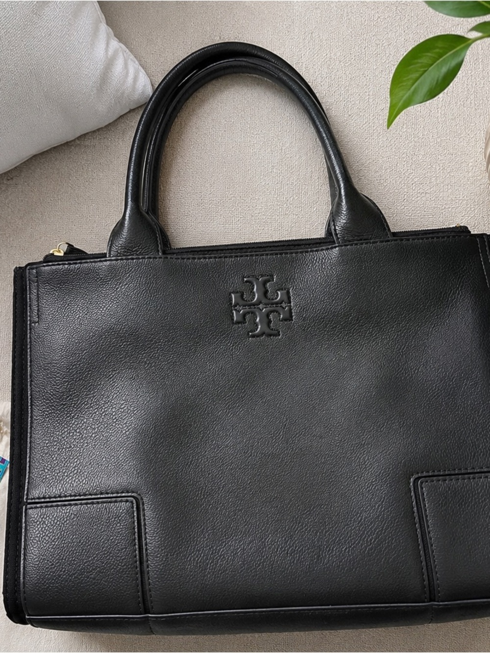 Tory Burch Ella Small Tote Black Canvas Leather NWT Style 41159501